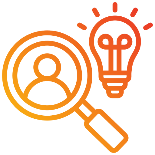 Icon showing magnifying glass with user profile and light bulb representing free valuable insights - Digital Fiducia