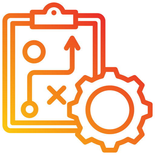Icon representing up-to-date strategies with clipboard, planning map, and gear - Digital Fiducia