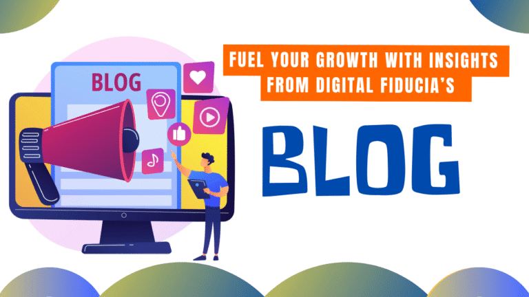 Illustration of a person interacting with a blog on a desktop screen, with social media icons and megaphone symbolizing digital content sharing