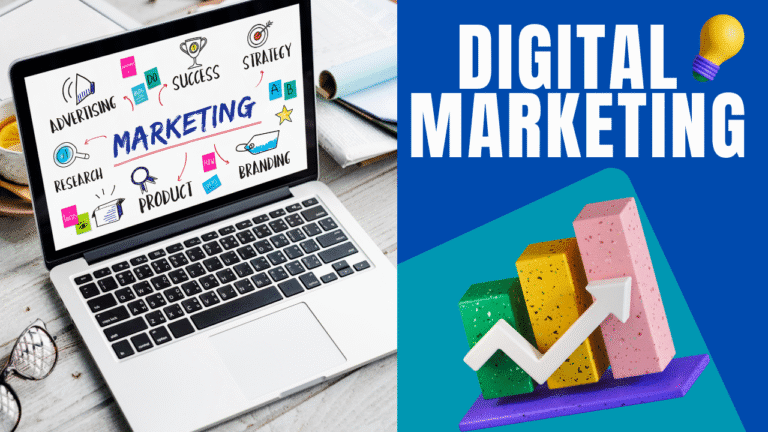 Laptop displaying digital marketing concepts like branding, research, product, and strategy with growth chart and upward arrow