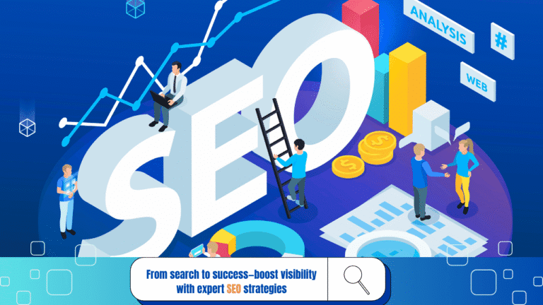 Illustration of SEO strategy with graphs, people analyzing data, charts, and coins representing search engine optimization success