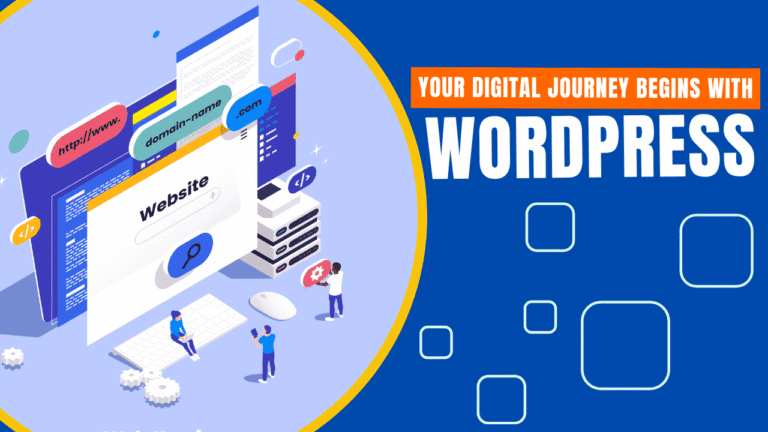 Illustration of website development with domain setup and coding elements, highlighting WordPress as the foundation for digital presence